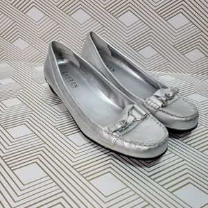 Lauren Ralph LRL Silver GEANNE Leather Buckle Loafer Low Wedge Moccasin Size 8.5